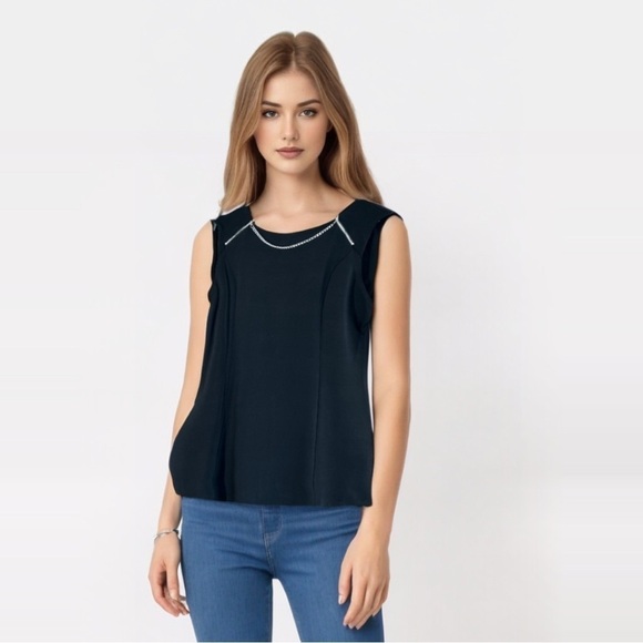 Carmen Marc Valvo Black With Silver Chain & Zipper Detail Sleeveless Top Size M - Picture 4 of 13